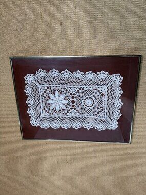Framed Vintage Handmade White Crochet Doily Rectangle Art 18" x 25" Gallery Wall